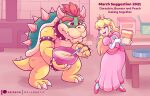  anthro armwear blonde_hair blue_eyes bowl bowser claws clothing container crown dress duo ear_piercing ear_ring elbow_gloves english_text female footwear furniture gloves hair handwear hi_res high_heels horn human koopa light_body light_skin male mammal mario_bros melangetic nintendo piercing princess_peach red_eyes red_hair ring_piercing scalie shell signature table text video_games yellow_body 
