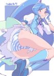  1girl ascot ass bangs big_hair blue_ascot blue_background blue_dress blue_footwear blue_panties boots border brooch cameltoe closed_mouth commentary crotch_seam cure_fontaine dress earrings floating from_side gloves hand_in_own_hair healin&#039;_good_precure high_collar high_heel_boots high_heels highres jewelry legs legs_up long_hair looking_at_viewer looking_back magical_girl miyagoe_yoshitsuki outside_border panties precure puffy_short_sleeves puffy_sleeves sawaizumi_chiyu short_dress short_sleeves smile solo striped striped_panties swept_bangs tiara translated underwear very_long_hair white_border white_gloves white_headwear 