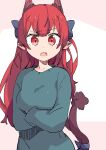  1girl akuma alternate_hairstyle animal_ears bow cat_ears cat_tail crossed_arms extra_ears fang hair_down highres kaenbyou_rin long_hair long_sleeves looking_at_viewer open_mouth red_eyes red_hair solo tail touhou 
