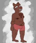  absurd_res bodily_fluids brown_nose bulge capybara caviid chest_tuft clothing dark_body full-length_portrait hi_res humanoid krisfe male male/male mammal moobs nervous portrait pubes rodent slightly_chubby smile smiling_at_viewer solo sweat tuft underwear 