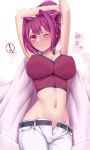  1girl absurdres breasts camisole crop_top highres jacket jacket_on_shoulders large_breasts midriff navel one_eye_closed open_fly pants ponytail purple_eyes purple_hair smile solo soukitsu stomach stretching under_night_in-birth white_pants yuzuriha_(under_night_in-birth) 