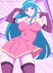 1girl bangs blue_hair blunt_bangs blush covered_nipples dancing dress elbow_gloves gloves highres long_hair looking_at_viewer mandytsune me!me!me! me!me!me!_dance_(meme) meme meme_(me!me!me!) pink_dress pose purple_eyes purple_gloves short_dress solo thighhighs tongue tongue_out 