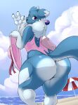  2022 anthro bandai_namco big_butt blue_body blue_fur butt canid digimon digimon_(species) digital_media_(artwork) eyelashes fan_character female fluffy fluffy_tail fur haley_(nightfaux) hi_res huge_butt mammal nightfaux purple_eyes rear_view renamon smile solo thick_thighs wide_hips 