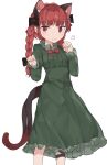  1girl animal_ears bow braid cat_ears cat_tail dress frilled_dress frills green_dress highres kaenbyou_rin long_sleeves multiple_tails paw_pose red_eyes red_hair simple_background solo subaritsuku tail touhou twin_braids two_tails white_background 