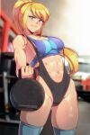  1girl abs bangs blonde_hair breasts cowboy_shot exercise gym highres kagato007 kettlebell leotard medium_breasts metroid mole mole_under_mouth ponytail samus_aran smile solo sports_bra standing thick_thighs thighhighs thighs toned 