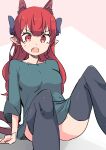 1girl akuma alternate_hairstyle animal_ears bow cat_ears extra_ears fang hair_bow hair_down highres kaenbyou_rin long_hair open_mouth pointy_ears red_eyes red_hair sitting solo thighhighs touhou 