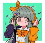  1girl bangs bow bowtie braid bright_pupils collared_shirt film_grain grey_hair hands_up headphones highres hisakawa_nagi idolmaster idolmaster_cinderella_girls jacket long_hair long_sleeves looking_to_the_side low_twintails multicolored_clothes multicolored_jacket musical_note open_clothes open_jacket orange_bow orange_bowtie sasaki_rindou shirt solo twintails upper_body white_pupils yellow_eyes 