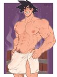  1boy abs artist_name bara bath biceps black_hair blush bulge closed_eyes dragon_ball dragon_ball_z f_con feet_out_of_frame hairy hand_on_hip highres large_pectorals male_focus manly mature_male muscular muscular_male navel navel_hair night night_sky nipples no_pants outdoors pectorals short_hair signature sky smile solo son_goku spiked_hair star_(sky) starry_sky steam teeth thick_arms thick_eyebrows topless_male towel towel_around_waist 