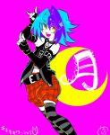  1boy bakuten_shoot_beyblade_rising belt beyblade blue_hair collar crossdressing detached_sleeves dress fishnet_top fishnets hair_intakes highres kagami_futsuki medium_hair moon open_mouth otoko_no_ko pink_background purple_hair solo striped striped_thighhighs thighhighs yellow_eyes 