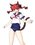  1girl animal_ears braid cat_ears cat_tail extra_ears isaki_(gomi) kaenbyou_rin multiple_tails nekomata oekaki one-piece_swimsuit red_eyes red_hair school_swimsuit school_uniform serafuku solo swimsuit swimsuit_under_clothes tail touhou twin_braids 