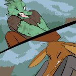  anthro bottomwear brown_body brown_fur clothed clothing digital_drawing_(artwork) digital_media_(artwork) duo fen_(lagotrope) fight fur furred_kobold green_body green_skin horn kobold lagotrope lizard male mammal melee_weapon outside pants plant pupils reptile scalie shirt slit_pupils snarling standing story story_at_source story_in_description sword tgchan topwear tree weapon white_eyes 