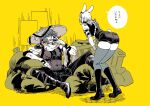  1boy 1girl animal_ears arknights bent_over boots braid facial_hair hat knee_boots kroos_(arknights) kroos_the_keen_glint_(arknights) long_hair mr._nothing_(arknights) open_mouth rabbit_ears rabbit_girl rabbit_tail short_shorts shorts single_braid sitting smile stubble tail thighhighs translated trash_bag trash_can yukataro 