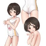  1girl absurdres ass bangs black_hair blush brown_eyes choker clenched_hands commentary contrapposto covering covering_breasts cowboy_shot crossed_arms embarrassed grimace highres kantai_collection kibitarou looking_at_viewer maru-yu_(kancolle) multiple_views nude open_mouth petite school_swimsuit short_hair simple_background steepled_fingers swimsuit teeth thick_eyebrows thigh_gap upper_body upper_teeth white_background white_choker white_one-piece_swimsuit 