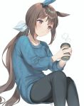  1girl admire_vega_(umamusume) animal_ears black_pants blue_sweater blush brown_hair cup feet_out_of_frame highres holding holding_cup horse_ears horse_girl horse_tail jewelry long_hair looking_at_viewer necklace oshage_(osyage921) pants ponytail purple_eyes signature simple_background sitting solo sweater tail umamusume white_background 