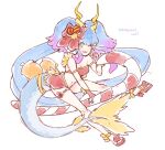  1girl alternate_costume artist_name bare_shoulders blue_hair breasts candy candy_cane cleavage dragalia_lost dragalialust dragon_girl dragon_horns dragon_tail fingerless_gloves flower food full_body gloves hair_flower hair_ornament horns long_hair looking_at_viewer midriff multicolored_hair one_eye_closed pink_hair red_gloves siren_(dragalia_lost) solo tail white_background yellow_eyes 