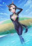  1girl :d absurdres ahoge animal_ears aokocha arm_up bangs bikini black_hair blue_eyes blue_sky blush bodysuit breasts cleavage cloud commentary_request day ear_ornament ear_piercing fuji_kiseki_(umamusume) green_bikini hair_between_eyes halterneck highres holding holding_surfboard horse_ears horse_girl horse_tail large_breasts lens_flare looking_at_viewer multicolored_hair ocean open_mouth piercing short_hair sidelocks sky smile solo standing surfboard swimsuit tail umamusume wetsuit white_hair zipper zipper_pull_tab 