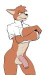  2020 abs anthro balls bottomless brown_body brown_fur brown_hair canid canine canis clothed clothing clothing_lift domestic_dog foreskin fur genitals hair hi_res humanoid_genitalia humanoid_penis jrjresq male mammal muscular muscular_male navel penis portrait sherlock_hound sherlock_hound_(series) shirt shirt_lift simple_background solo tan_body tan_fur three-quarter_portrait topwear undressing vein veiny_penis white_background 