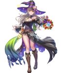  1girl anbe_yoshirou bangs bare_shoulders belt belt_pouch boots breasts cleavage closed_mouth corrin_(fire_emblem) corrin_(fire_emblem)_(female) detached_sleeves dress earrings fingernails fire_emblem fire_emblem_fates fire_emblem_heroes frills full_body hat highres holding jewelry knee_boots lantern long_dress long_hair long_sleeves looking_at_viewer medium_breasts multiple_belts non-web_source official_art pointy_ears pouch red_eyes smile standing stone strapless strapless_dress thighs transparent_background turtleneck white_hair witch_hat 