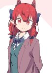  1girl :&gt; akuma alternate_hairstyle animal_ears blue_bow blue_bowtie bow bowtie extra_ears hair_bow highres kaenbyou_rin looking_at_viewer pointy_ears red_eyes red_hair solo touhou upper_body 