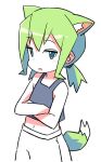  1girl animal_ear_fluff animal_ears bare_arms bare_shoulders black_tank_top crop_top crossed_arms green_eyes green_hair long_hair low_twintails midriff navel original pants roku_no_hito simple_background solo tail tank_top twintails white_background white_pants 