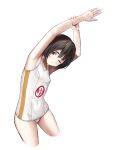  1girl arms_up bangs black_hair breasts closed_mouth cropped_legs highres kantai_collection kibitarou maru-yu_(kancolle) one-piece_swimsuit one_eye_closed school_swimsuit short_hair simple_background small_breasts solo stretching sweater swimsuit white_background white_sweater 