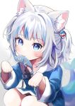  1girl absurdres animal_ear_fluff animal_ears bangs blue_eyes blue_hair blush cat_ears cat_girl fish fish_in_mouth fish_tail food_in_mouth gawr_gura hair_ornament hairpin highres hololive hololive_english long_sleeves looking_at_viewer medium_hair multicolored_hair paw_pose shark_girl shark_hair_ornament shark_tail shinomiya_shino_(sinosino141) short_twintails sitting solo streaked_hair tail twintails virtual_youtuber white_background white_hair 