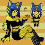  alvh-omega animal_crossing ankha_(animal_crossing) anthro artist_logo black_nails black_nose blue_hair boots bottomwear breasts clothed clothing collar colored_nails digital_media_(artwork) domestic_cat egyptian felid feline felis female fingers fishnet fishnet_legwear footwear frown fur goth hair hi_res legwear logo looking_at_viewer makeup mammal midriff nails nintendo pentagram platform_footwear shirt shoes shorts simple_background solo topwear video_games yellow_body 