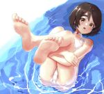  1girl absurdres bangs barefoot black_hair blush brown_eyes feet highres kantai_collection kibitarou legs_up looking_at_viewer lying maru-yu_(kancolle) on_back one-piece_swimsuit open_mouth parted_bangs partially_submerged school_swimsuit short_hair soles solo swimsuit thick_eyebrows water white_one-piece_swimsuit 