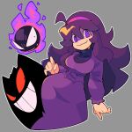  1girl 2others @_@ bacun black_eyes breasts dress gastly gengar grey_background hairband hex_maniac_(pokemon) large_breasts long_hair messy_hair multiple_others open_mouth pokemon pokemon_(creature) pokemon_(game) pokemon_xy purple_dress purple_eyes purple_hair red_eyes sharp_teeth smile spider_web_print teeth wide_hips 