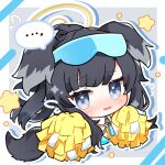  ... 1girl animal_ears black_hair blue_archive blue_eyes cheerleader dog_ears dog_girl eyewear_on_head flying_sweatdrops goggles goggles_on_head halo hibiki_(blue_archive) hibiki_(cheerleader)_(blue_archive) holding holding_pom_poms kashiwase_karune official_alternate_costume pom_pom_(cheerleading) purple_eyes skirt solo speech_bubble spoken_ellipsis star_sticker sticker_on_face white_skirt 