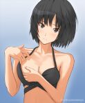  1girl adjusting_clothes adjusting_swimsuit amagami bangs bikini black_bikini black_hair bob_cut breasts closed_mouth commentary_request frown looking_at_viewer medium_breasts mitojyaneeeeyo nanasaki_ai short_hair simple_background solo swimsuit twitter_username 