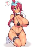  1girl bikini blue_eyes breasts chro_(rulurullu) curvy hair_ornament highres huge_breasts micro_bikini one_side_up plump pokemon pokemon_(game) pokemon_bw red_hair short_hair_with_long_locks sidelocks simple_background skyla_(pokemon) solo swimsuit white_background 