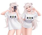  1girl :d :o absurdres ahoge animal_ears arm_behind_back black_choker breasts cellphone choker claw_pose contrapposto finger_to_cheek grey_eyes highres holding holding_phone hololive large_breasts lion_ears lion_girl long_hair looking_at_phone looking_at_viewer multiple_views no_pants open_mouth phone selfie shirt shishiro_botan simple_background smartphone smile ssrb t-shirt thighs virtual_youtuber wavy_hair wei_xiao white_background white_hair white_shirt 