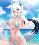  1girl absurdres ahoge animal_ears aqua_eyes barseisui beach blush braid breasts fox_ears fox_girl fox_tail heart heart-shaped_boob_challenge heart_hands highres hololive large_breasts long_hair looking_at_viewer navel shiny shiny_hair shiny_skin shirakami_fubuki side_braid slingshot_swimsuit smile solo standing stomach sweat swimsuit tail virtual_youtuber white_hair 