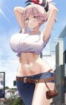  1girl armpits arms_up bangs bare_arms belt blue_sky blush breasts brown_belt cloud commentary_request cowboy_shot crop_top day denim fate/grand_order fate_(series) grey_eyes highres jeans keenh large_breasts looking_at_viewer midriff miyamoto_musashi_(fate) navel pants parted_lips pink_hair ponytail shirt short_hair short_sleeves sky solo standing stomach thighs tied_shirt white_shirt 