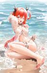  1girl absurdres arknights beach bikini black_bikini breasts cherry cleavage day demon_girl demon_horns dpea9 food fruit halterneck highres horns large_breasts long_hair looking_at_viewer ocean official_alternate_costume one_eye_closed open_mouth outdoors purple_eyes red_hair sand side-tie_bikini_bottom sitting solo surtr_(arknights) surtr_(colorful_wonderland)_(arknights) swimsuit swimsuit_cover-up thigh_strap tongue tongue_out 