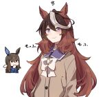  2girls admire_vega_(umamusume) animal_ears brown_cardigan brown_hair cardigan closed_mouth covering_mouth ear_covers hand_over_own_mouth horse_ears horse_girl ido_(teketeke) long_hair looking_at_viewer multicolored_hair multiple_girls purple_eyes school_uniform serafuku simple_background single_ear_cover smile streaked_hair symboli_rudolf_(umamusume) umamusume very_long_hair white_background 