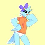  absurd_res accessory anthro avian beak black_eyes blue_body blue_fur bottomless clothed clothing deepfur female flat_chested fur hair_accessory hi_res simple_background solo spread_legs spreading sweater tail topwear underwear 