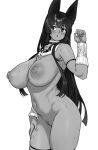  1girl animal_ears ankh anubis_(houtengeki) bangs bare_shoulders blush bracelet breasts censored dark-skinned_female dark_skin egyptian_clothes greyscale hand_on_own_thigh hand_up highres houtengeki huge_breasts huge_nipples jackal_ears jewelry long_hair monochrome mosaic_censoring navel nipples nude original parted_lips pussy pussy_juice simple_background solo standing sweat thigh_strap usekh_collar white_background 