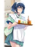  1girl alcohol alternate_costume beer beer_bottle beer_can blue_eyes blue_hair bottle can commentary_request commission green_hakama hakama hakama_short_skirt hakama_skirt highres japanese_clothes kantai_collection map_(blue_catty) skeb_commission skirt solo souryuu_(kancolle) tasuki tray twintails wa_maid waitress 