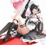  1girl :p annabella_(tower_of_fantasy) bangs bare_shoulders black_gloves black_hair blush breasts dress elbow_gloves gloves highres holding kneehighs long_hair looking_at_viewer maid maid_headdress qing_wu simple_background socks solo thigh_strap thighs tongue tongue_out tower_of_fantasy twintails yellow_eyes 