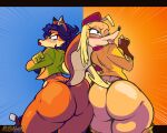  anthro big_butt blonde_hair blue_hair bottomless butt butt_focus canid canine canis carmelita_fox clothed clothing crossed_arms domestic_dog duo female fox fur gloves hair handwear hi_res lipstick makeup mammal motion_lines one_eye_closed orange_body orange_fur pilot_saluki_(cuphead) red_lipstick rushgob shirt simple_background sly_cooper_(series) sony_corporation sony_interactive_entertainment sucker_punch_productions thick_thighs topwear video_games yellow_body yellow_fur 
