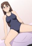  1girl asymmetrical_bangs azumanga_daioh bangs bare_arms blush breasts brown_eyes brown_hair closed_mouth commentary commission covered_nipples dutch_angle frown glasses hall_onon highres long_hair looking_at_viewer medium_breasts mizuhara_koyomi school_swimsuit shiny shiny_skin simple_background sitting skeb_commission solo spread_legs swimsuit 