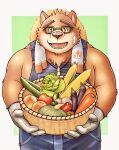  anthro brown_body brown_fur clothing eyebrows eyewear farmer fur glasses gloves handwear hat headgear headwear kemokemumaki lifewonders looking_at_viewer male mammal overalls shirtless slightly_chubby solo straw_hat thick_eyebrows tokyo_afterschool_summoners towel ursid video_games volos 