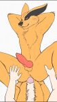  anal animal_genitalia anthro balls canid canine canis ejaculation erection fluffy fluffy_tail fox front_view fur genitals glistening hands-free hepicant hi_res kneeling knot kurama looking_at_genitalia male male/male mammal multi_tail naruto nude orange_body penis pink_penis red_eyes red_penis sex sheath 