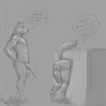  1:1 anthro appliance big_penis canid canine dialogue duo english_text genitals greyscale hi_res looking_at_butt male male/male mammal monochrome mushyotter penis speech_bubble text washing_machine 