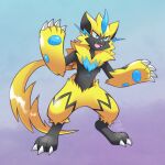  ambiguous_gender claws digitigrade feral generation_7_pokemon hi_res legendary_pokemon nintendo open_mouth pawpads pokemon pokemon_(species) smile solo standing teeth the-chu tongue video_games whiskers zeraora 