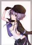  1girl areola_slip arm_up bangs belt black_headwear breasts camisole chipa_(arutana) closed_mouth collarbone cowboy_shot criss-cross_halter halterneck hand_on_headwear hat highres jacket jacket_on_shoulders looking_at_viewer purple_eyes purple_hair short_hair_with_long_locks sidelocks small_breasts smile smug solo voiceroid yuzuki_yukari 