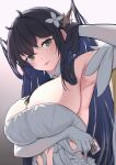  1girl azur_lane black_hair breasts condom condom_wrapper dress elbow_gloves flower from_below gloves green_eyes grey_background hair_flower hair_on_horn hair_ornament hand_in_own_hair highres holding holding_condom horns huge_breasts indomitable_(azur_lane) long_hair looking_at_viewer looking_down q_kay simple_background solo very_long_hair white_dress white_flower white_gloves 