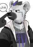  2022 anthro arknights back_fur black_hair blue_hair clothing collar dialogue ear_piercing english_text fur grey_body grey_fur hair hi_res hyaenid hypergryph jacket male mammal mimizuku_kemo multicolored_hair piercing simple_background speech_bubble spot_(arknights) spotted_hyena studio_montagne text topwear two_tone_hair video_games 